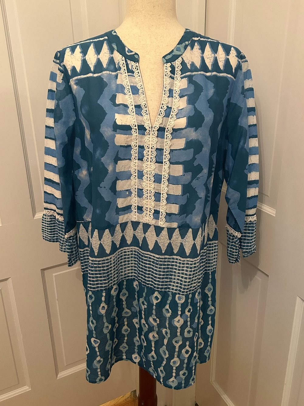SOFT SURROUNDINGS Blue White Cotton Block Print Boho Tunic Top L